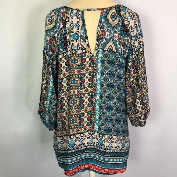 BCX Womens Slit Sleeve Floral Blouse 3/4 Sleeve Keyhole Neck Bohemian - Picture 5 of 9